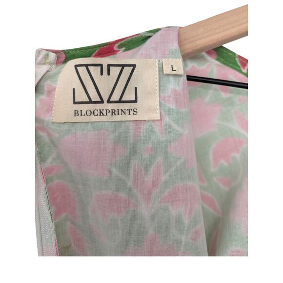SZ Blockprints Floral Mini Dress Pink Green Block Print Boho Shift L NWT - Picture 4 of 5